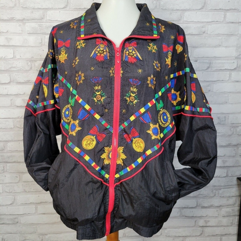 Vintage 90s windbreaker bomber jacket black equestrian print size L lightweight